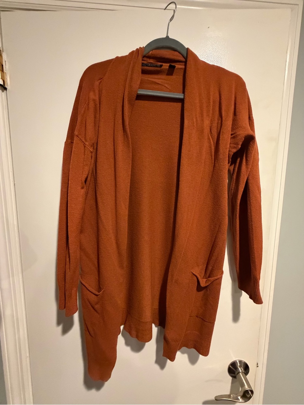 Cyrus rust colored cardigan sweater with pockets